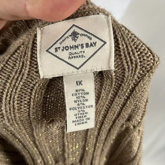 NEW St Johns Bay Tan Metallic Shimmer Sweater Top V Neck Cable Knit 1X Casual - Picture 4 of 5